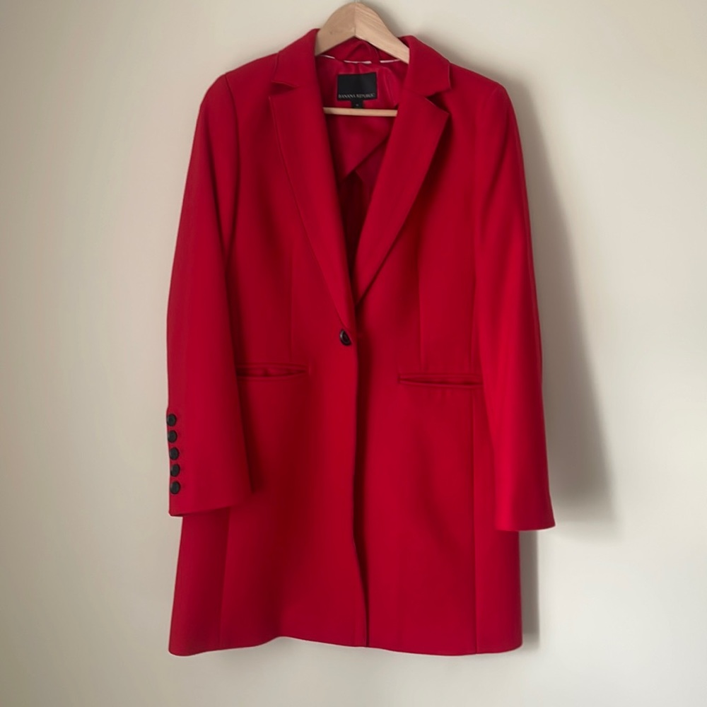 Red spring coat from Banana Republic.